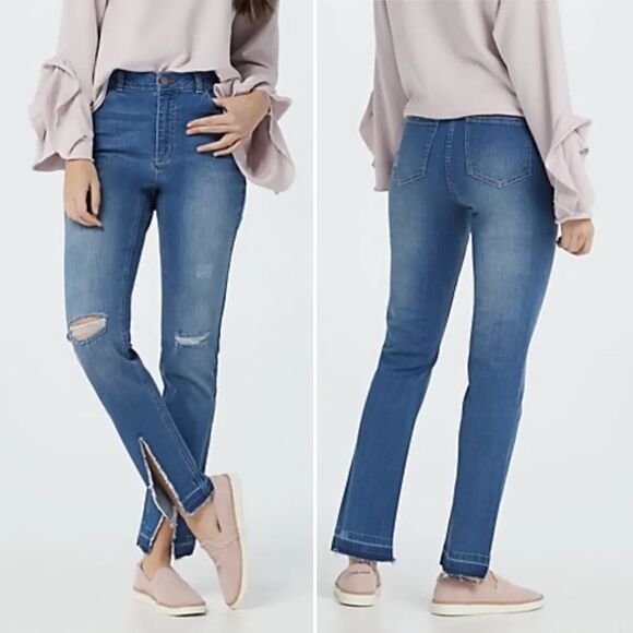 Peace Love World Girlfriend Jeans Front Slit Straight Medium Wash Womens Size 28 - Picture 1 of 15